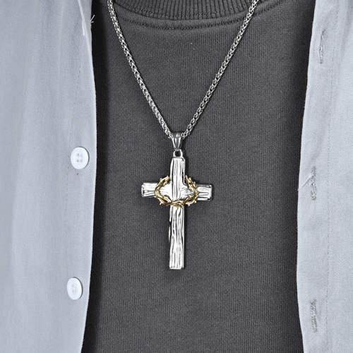 Retro Titanium Steel Flower Ring Cross Necklace Dual Color Wood Texture Stainless Steel Prayer Pendant Art Deco Minimalist Accessory
