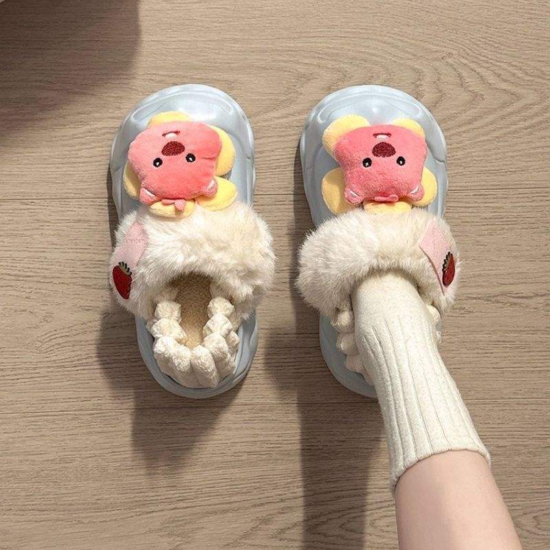 Cute Cartoon Furry Shoes for Women, Winter Beaver-Style Plush Warm Cotton Shoes with Covered Heels, Comfortable Outdoor Snow Boots for Women