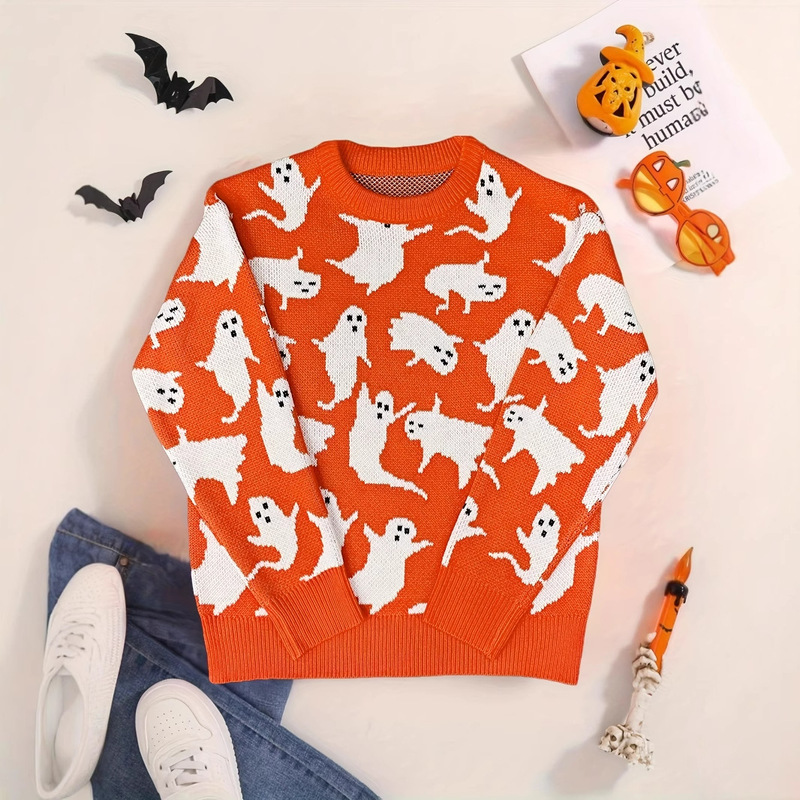 European and American Cross-Border Halloween Women's Knitted Sweater with Quirky Ghost Pattern, Round Neck, Casual, Versatile, Comfortable, and Relaxed