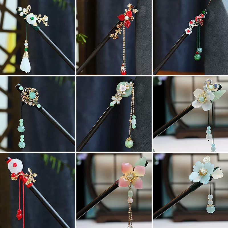 Женская заколка из черного дерева, деревянная заколка в стиле ретро, ​​аксессуары для волос в древнем стиле, деревянная заколка династии Хань с кисточками, простой головной убор