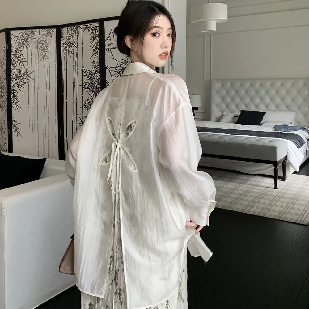 韩版时尚设计感百搭气质长袖衬衫女后背镂空系带休闲简约上衣