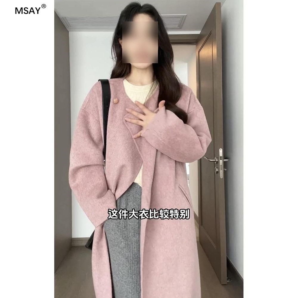 Autumn/Winter Korean Style High-End Pink Wool Coat for Women, Mid-Length, French Retro Style