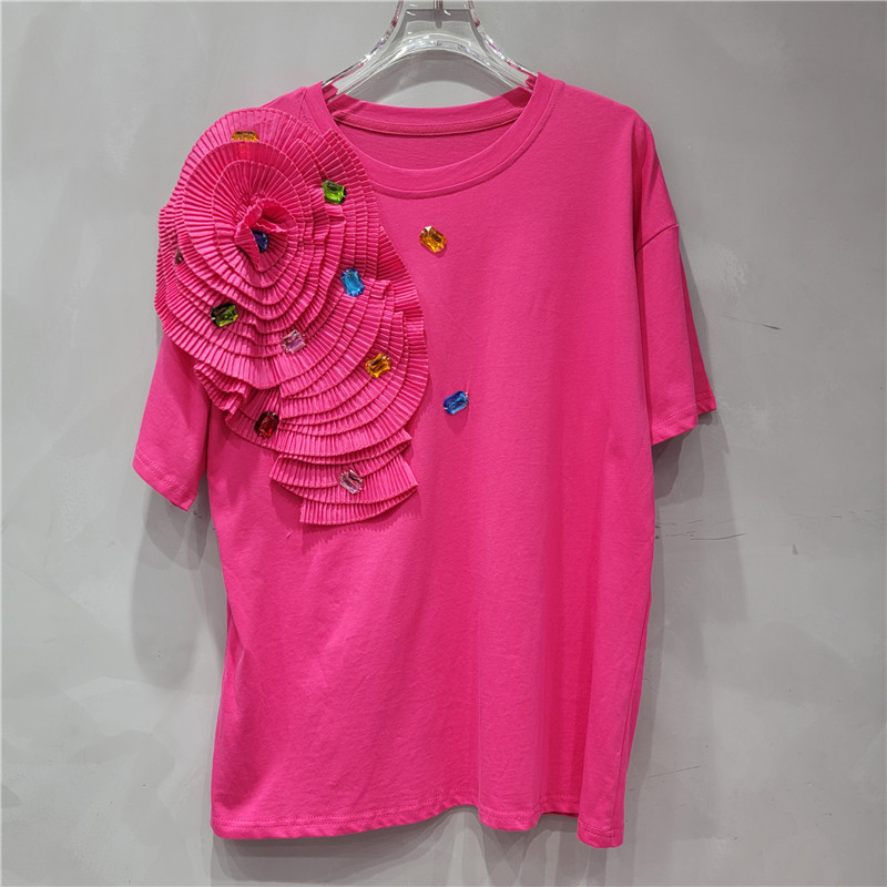 Verano coreano cuello redondo color sólido industria pesada flor mujer manga corta camiseta recta moda todo fósforo plisado suelto