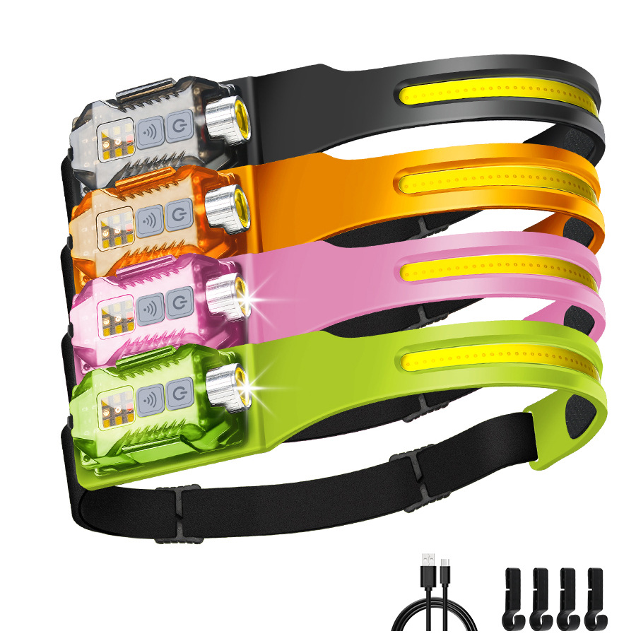 Transfronterizos al aire libre agitando inducción COB faro linterna 2 en 1 correr por la noche pescar luz alta luz luz alta cabeza