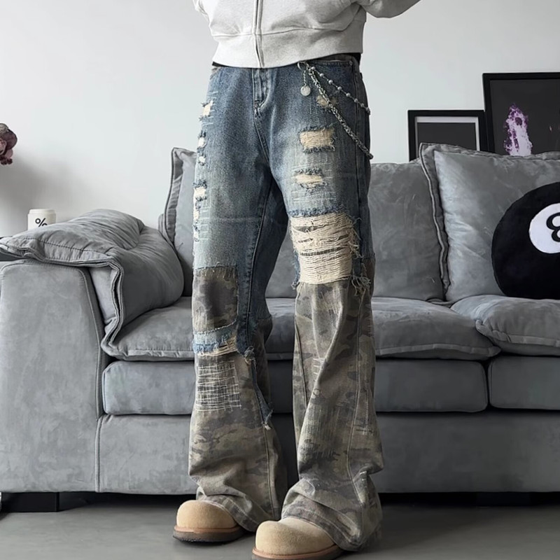 American Street Hip Hop Ripped Jeans Men's Summer Trendy Brand Loose Washed Old 2024 Wide Leg Long Pants