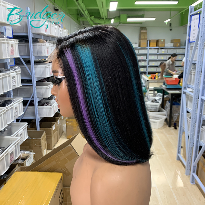Parrucca con chiusura BOB blu e viola 2*6kim parrucca con capelli veri parrucca con capelli umani_voghion.com