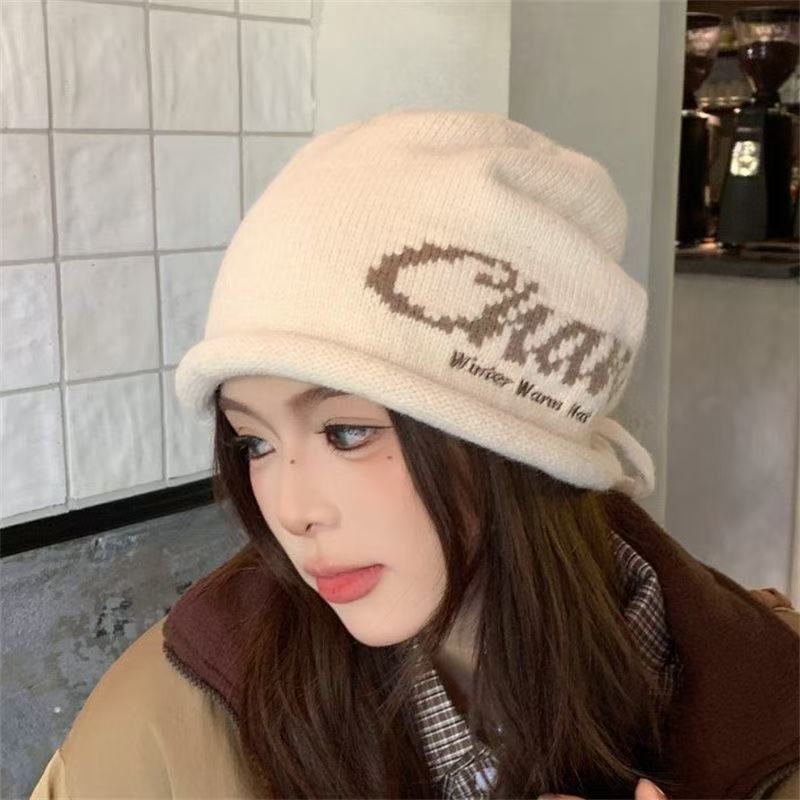 新款简约字母刺绣堆堆帽针织渔夫帽女秋冬保暖显脸小盆帽毛线帽女|undefined