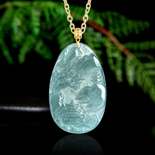High-grade natural A goods jade blue water landscape brand pendant 18K gold buckle inlaid with ice jade stone women's pendant wholesale
