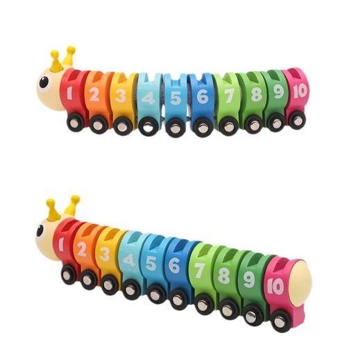 Wooden digital cognitive caterpillar train toy Velcro connection puzzle building block train street stall economy