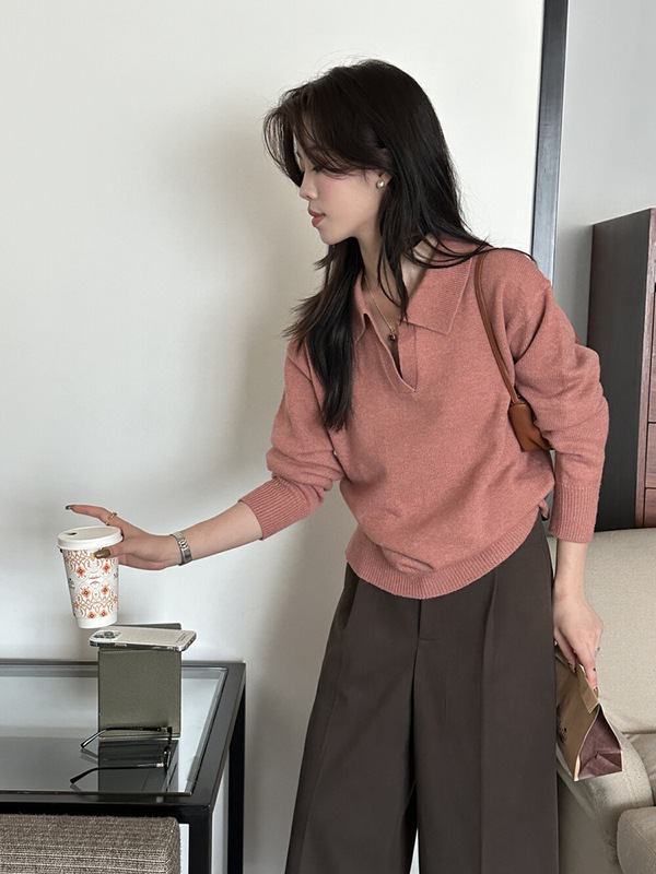 法式慵懒风POLO领时尚针织衫女秋冬新款高级感气质减龄打底衫毛衣|undefined
