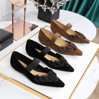 3683-H67 Mary Jane Retro Design Flower Women's Shoes Pointed Shallow Mouth One Word with Suede Slope Heel Low Follow Shoes