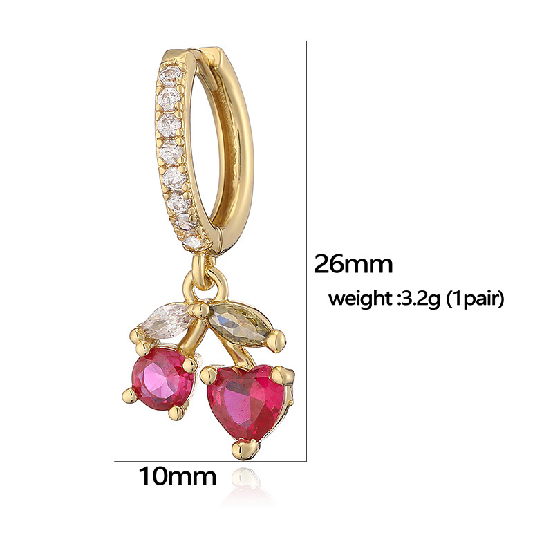 6g Weight Copper Ear Needle Material Zircon Inlay Material Charm Sleeper Hoop Earrings, Earrings Classification 1 Pair Quantity Holiday, Banquet, Daily Occasion Copper Material Cherry, Heart Shape Pattern Women's Gender Inlay Design Sweet Style 1 Pair Sweet Cherry Heart Shape Inlay Copper Zircon Earrings 15