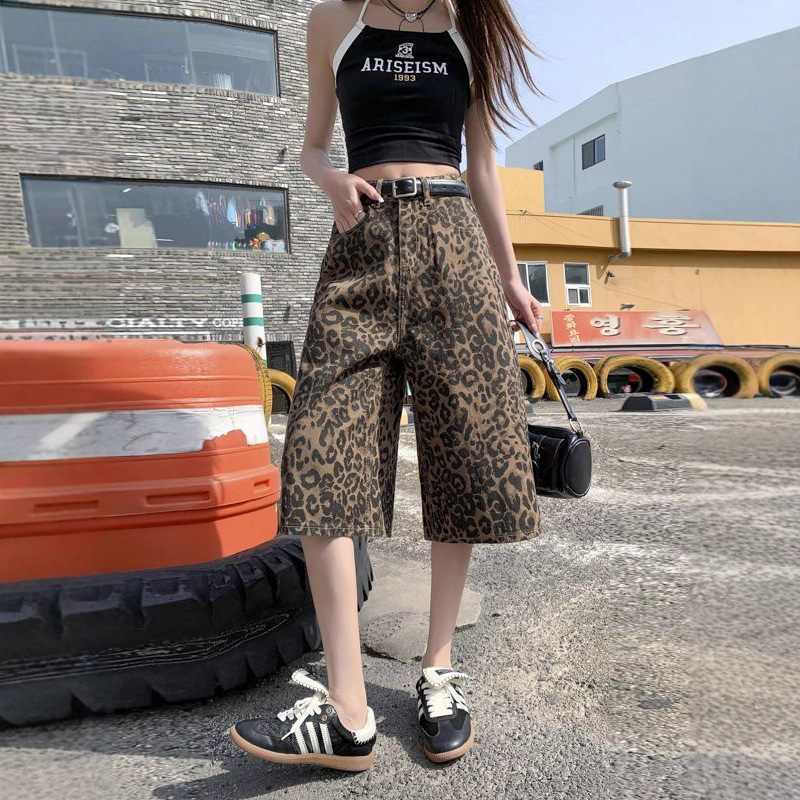 Beautiful Summer Leopard Print Pants, 7/8 Length Denim Shorts for Women, Super Stylish 6/8 Length Pants, Super Popular in Summer