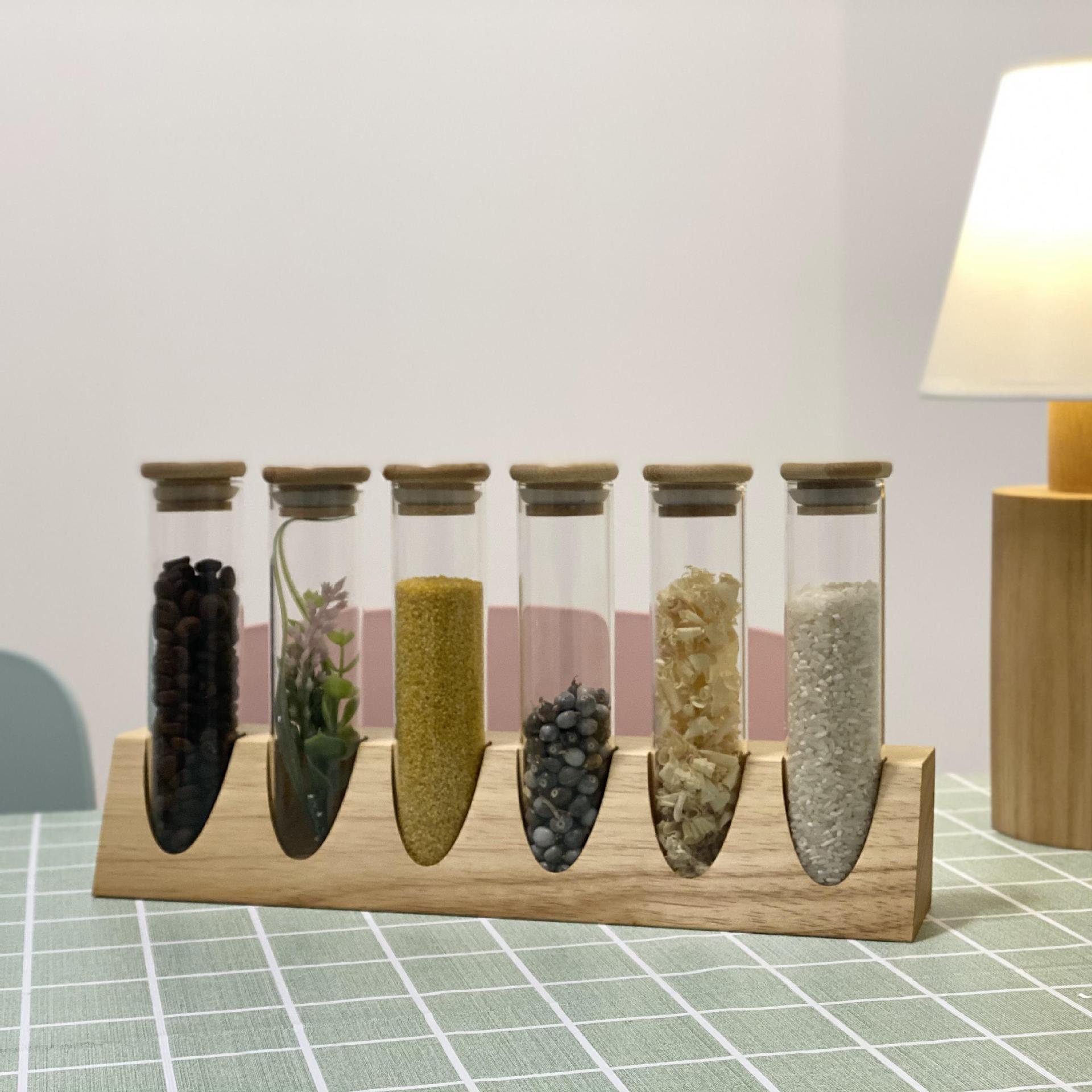Tubo de ensayo de vidrio de borosilicato estante de exhibición de madera maciza muestra té granos de café cocina clasificación de almacenamiento tanque de almacenamiento