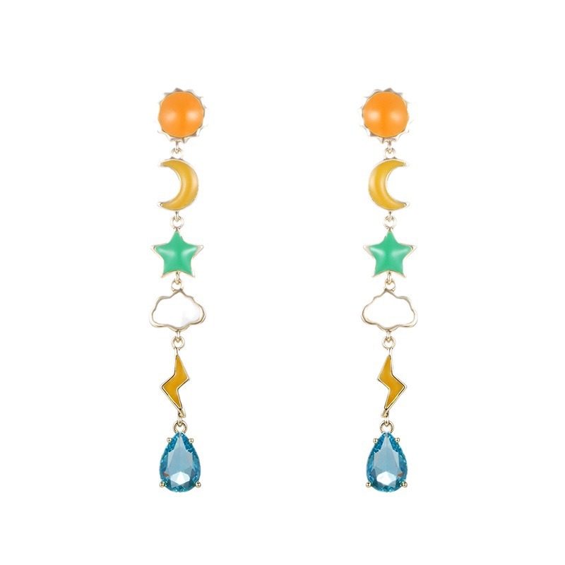 Joyas Xuping sol, estrella, luna, nube relámpago, aretes largos, nicho de diseño, aretes de esmalte de color al por mayor