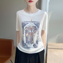 跨境2025秋季新款百搭圆领针织衫短袖女小象印花宽松T恤打底上衣