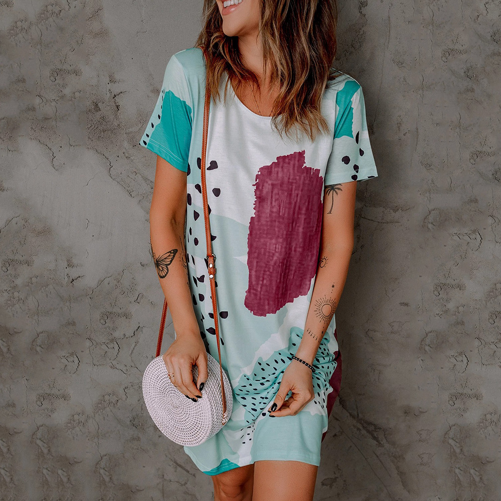 Summer Floral Print round Neck Short Sleeve Casual Dress Women