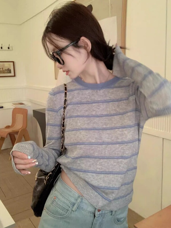 撞色圆领条纹长袖针织衫女秋冬毛衣多巴胺穿搭显瘦设计感小众上衣|undefined