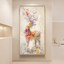 法式奶油风麋鹿玄关装饰画一路生花卉入户门挂画走廊尽头竖版壁画