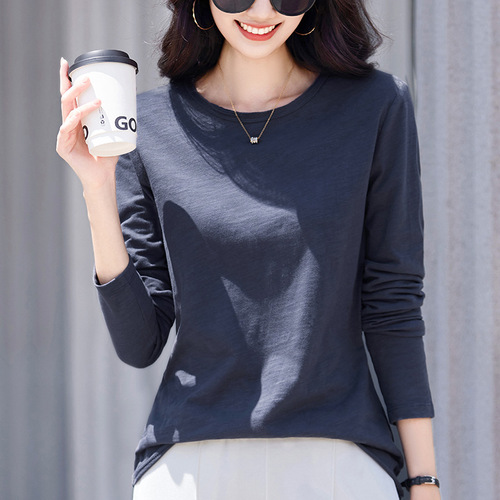 Women's Loose Fit Long Sleeve T-Shirt 2025 Spring New Simple Casual Top Blouse Base Shirt