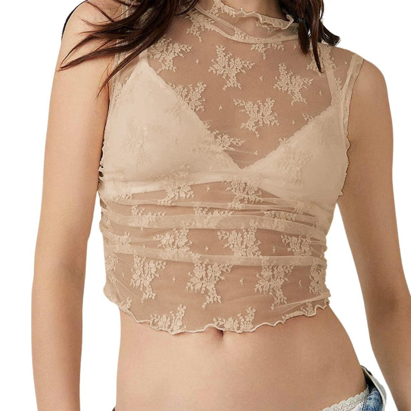 Women's Sleeveless See-through Lace Mesh Navel Top Collar Pleated Side Slim-fit Floral Transparent Short Vest