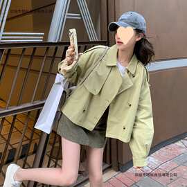 韩系外穿绿色短款风衣外套女春秋季个性双排扣休闲夹克百搭上衣潮