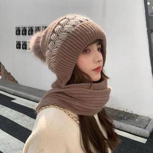 Factory Direct Sales Balaclava Autumn and Winter Warm Ear Protection Woolen Women's Hat Scarf Integrated Shawl Knitted Hat