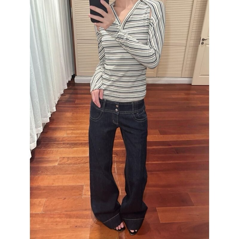 Plus-Size American Retro Washed Button-Front Design Jeans for Women, Low-Waist Straight Loose Wide-Leg Drapey Long Pants Plus-Size American Retro Washed Button-Front Design Jeans for Women, Low-Waist Straight Loose Wide-Leg Drapey Long Pants