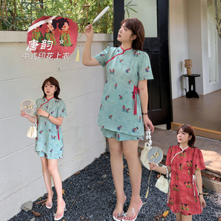 K3108 Plus Size Women's Chinese Top and Shorts Suit Antique Fat Girl Refreshing Red Suit