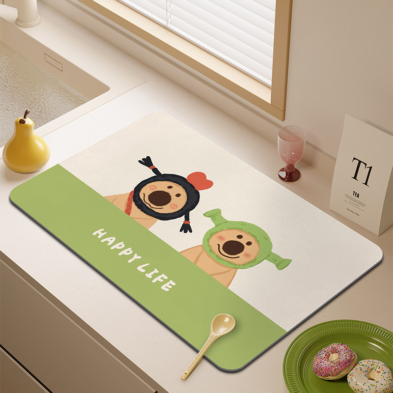 만화 주방 배수 매트 가정용 카운터 탑 다이아몬드 진흙 흡수 매트 커피 기계 미끄럼 방지 매트 빠른 건조 그릇 및 플레이트 코스터