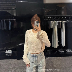 小众设计杏色做旧镂空上衣短款破洞毛织开衫