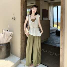 韩系松弛感度假风镂空无袖针织马甲内搭吊带橄榄绿阔腿裤三件套女