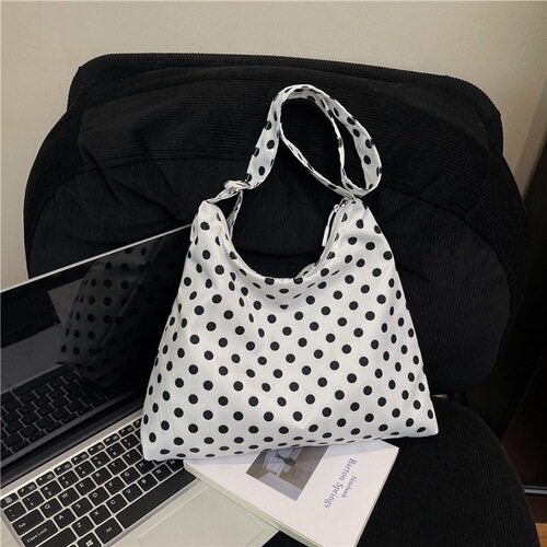 Fashionable black and white pole-dot bag, large capacity commuting tote shoulder bag, light nylon hand-held cross-body bag