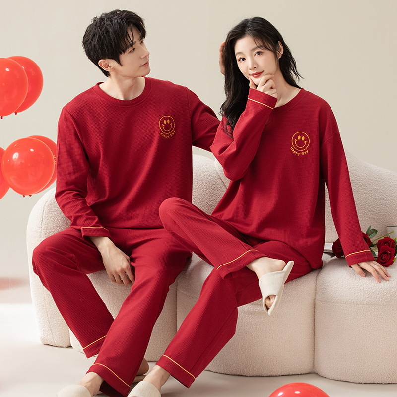 Pijama de otoño y invierno para parejas, traje rojo de mangas largas para hombres y mujeres, boda, chaqueta de fiesta, ropa casera casera
