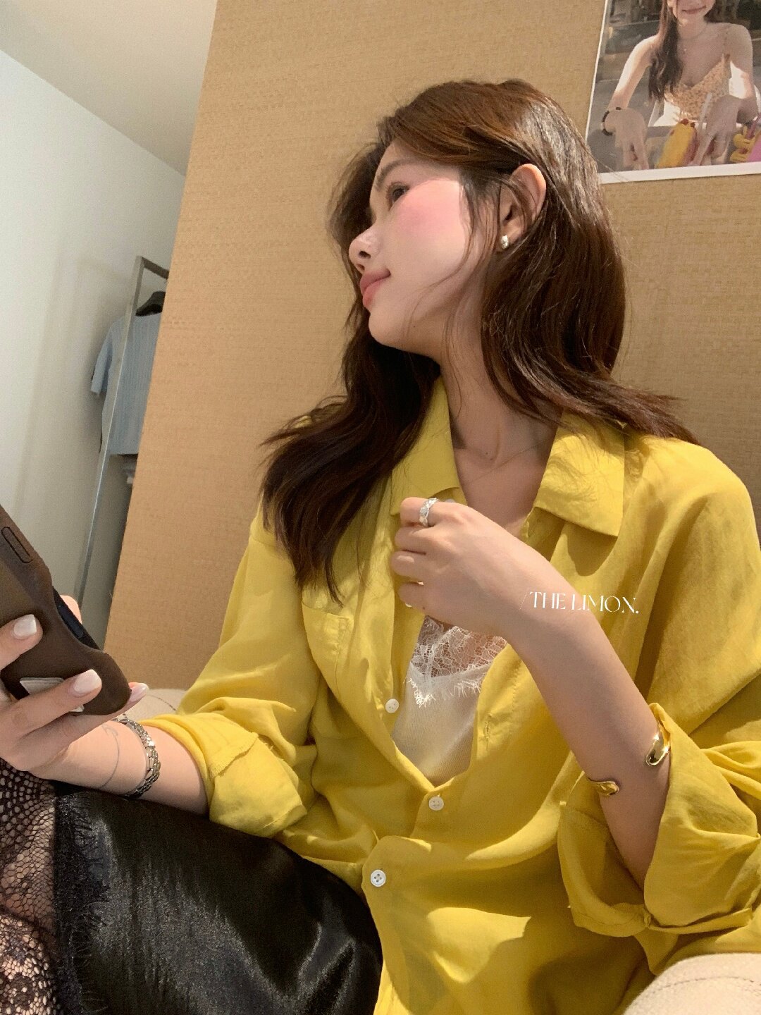 Áo sơ mi nữ tay dài chất liệu tencel phong cách lười biếng ấm áp — Vàng nhạt, xanh lam, Xanh lá cây nhạtcolor, màu hồng chi tiết 94