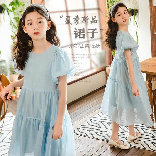 Summer French Puff Sleeve Dress for Girls  Korean Version New Middle and Big Kids Children Fashion Princess Dress
