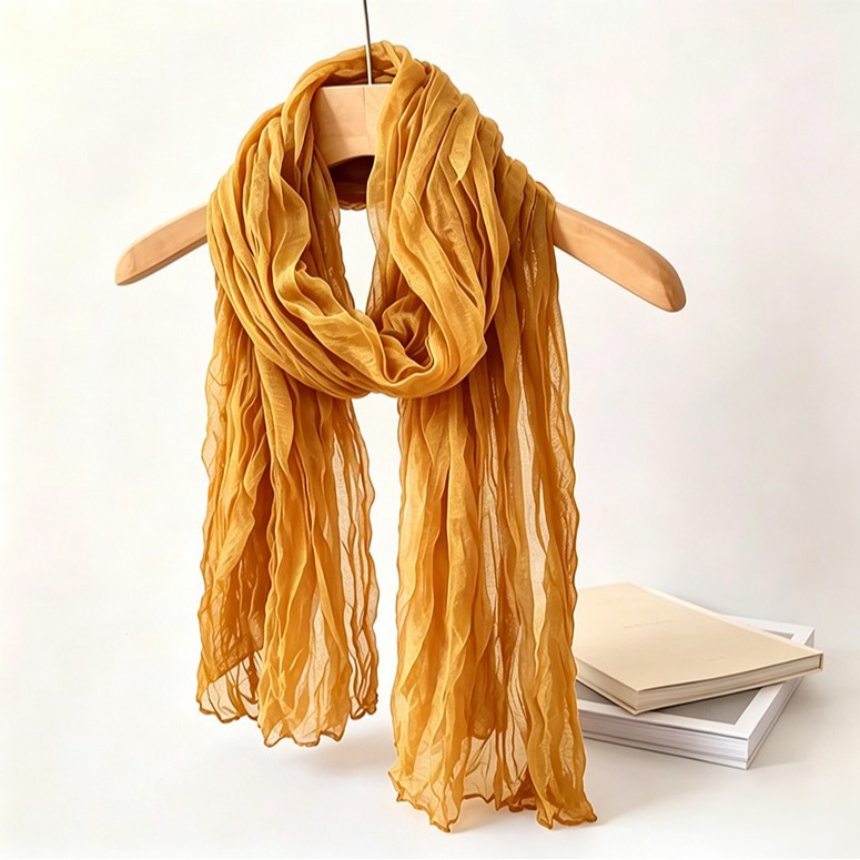 Solid color crinkled cotton-linen scarf, artistic and versatile pleated gauze scarf for women, soft and breathable for spring and autumn, warm for autumn and winter