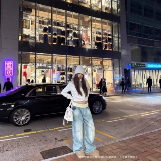 美式大码复古设计感螺纹腰头牛仔裤女早春新款辣妹水洗做旧拖地裤