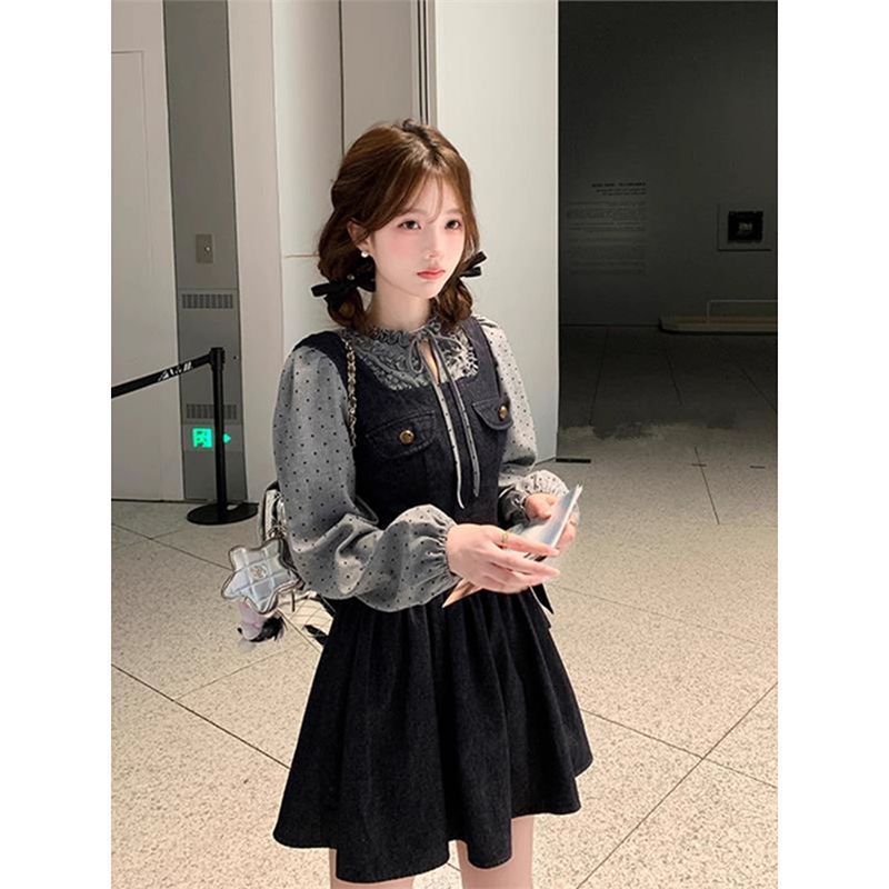 ChicShe French Style Sweet Denim Suit For Women, Autumn Polka Dot Lace-Up Shirt, Vintage Washed Sexy Tank Dress_voghion.com