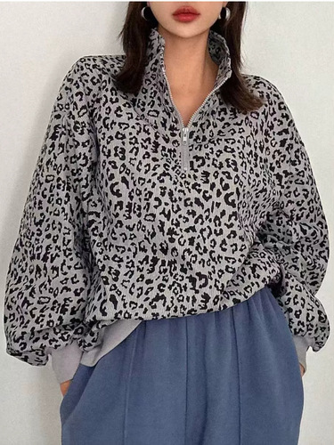 European and American new style retro leopard print stand-neck coat for women in early autumn design loose long sweater