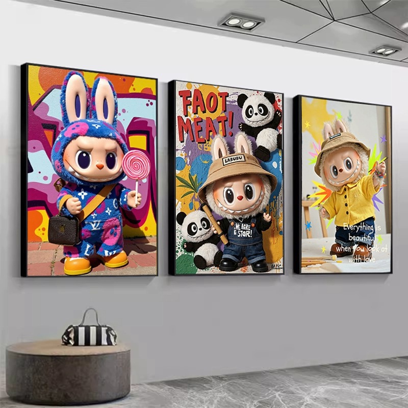 潮流拉布布挂画客厅玄关墙labubu装饰画可爱卡通壁画桌面艺术摆件