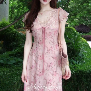 美静在这蝴蝶结蕾丝边粉色印花连衣裙少女风特别漂亮掐腰小裙子