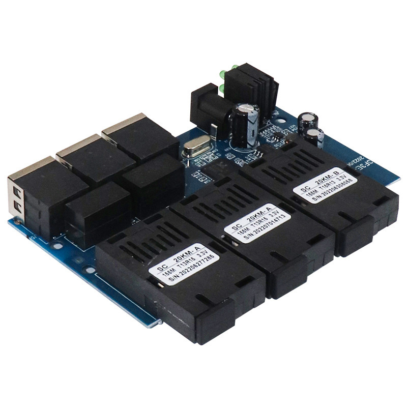 Optical fiber transmitter/receiver for 100Mbps single-mode, 3 optical, 3 electrical, 20KM fiber converter, PCBA board, AB end