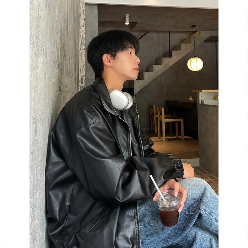 Abrigo de cuero de los hombres otoño americano retro moda marca pu guapo de alto grado sentido frito calle más tamaño suelta motocicleta pu chaqueta de cuero