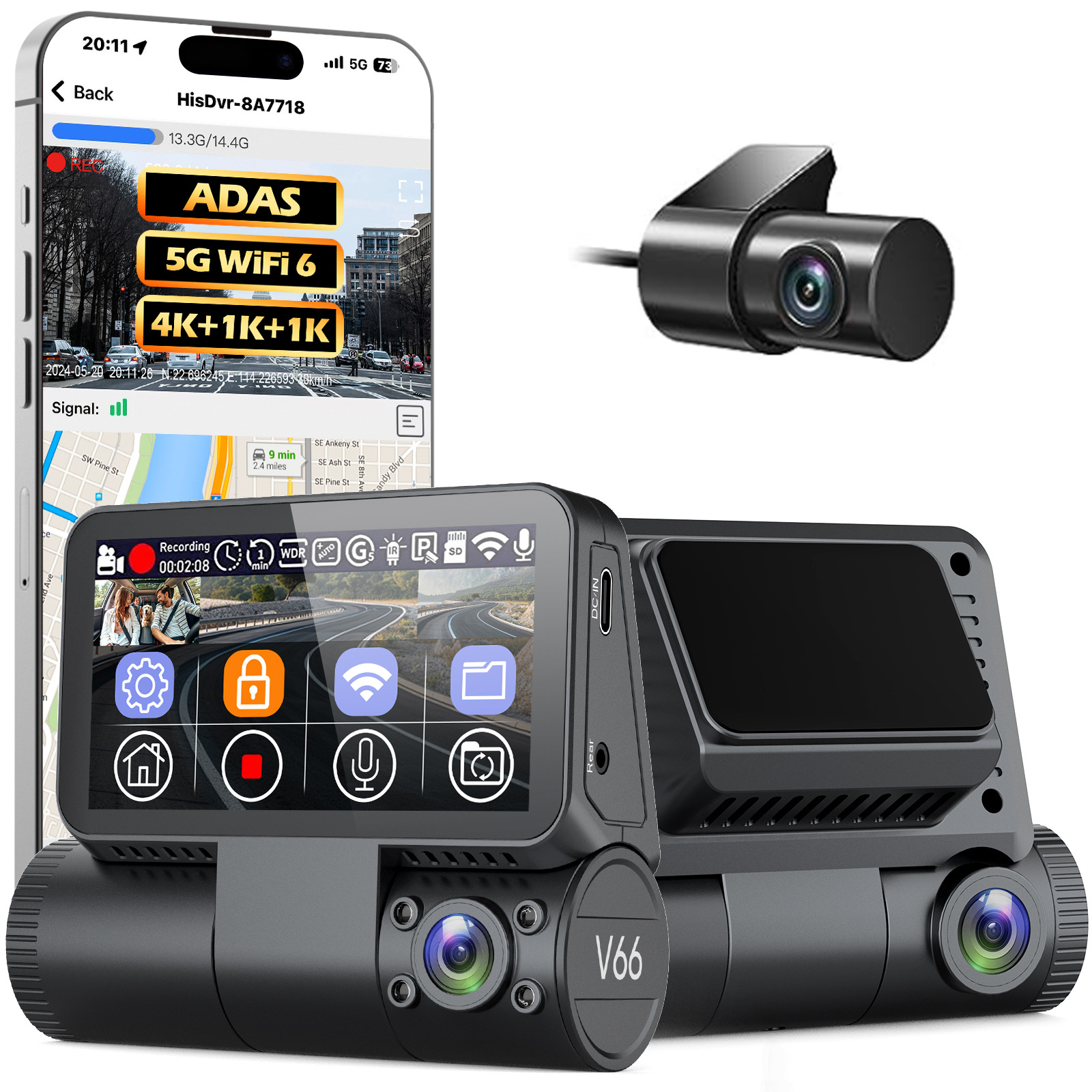 V66Dvr4K Three-Lens Dash Cam with Adas Smart Touchscreen 5.8g Driving Recorder