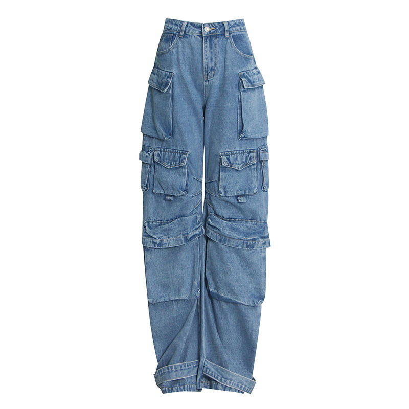 Damenbekleidung Frühling und Herbst Neue Mode Rauchgrau Spleißen Multi Pocket Overalls Street Washed Distressed Lange Hose mit weitem Bein_voghion.com