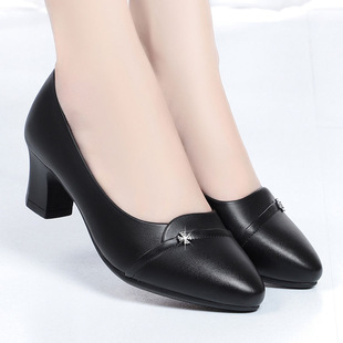 Soft Bottom Soft Leather Chunky Heel Mid-heel Single-layer Shoes for Middle-aged Moms 2024 New Spring and Autumn Commuter All-match Casual Single-layer Shoes for Women