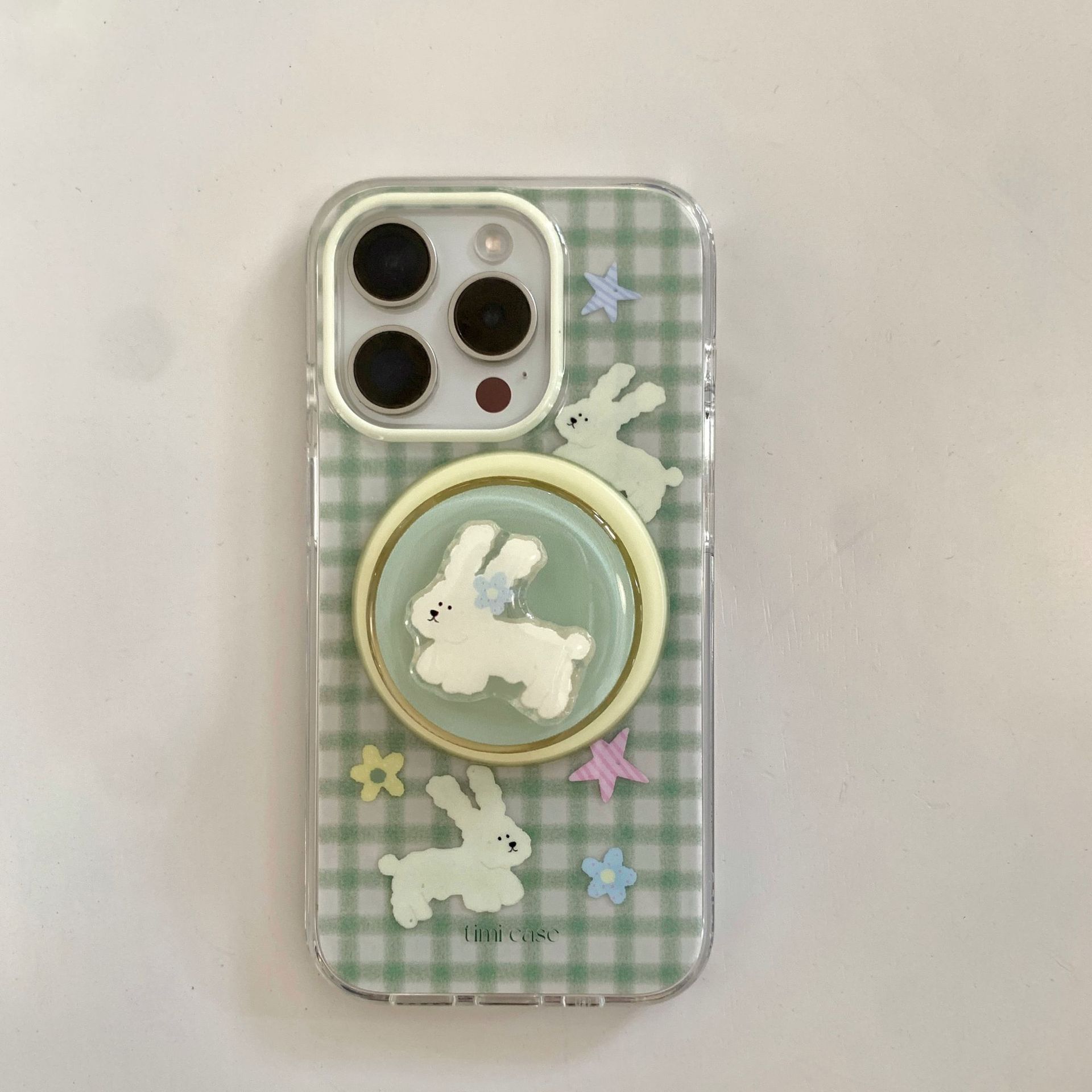 Conejo de costura de cuadros verde coreano para Apple 16Pro funda para teléfono móvil 15ProMax magnético 14 nuevo 16PM