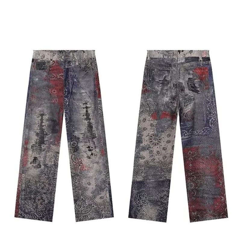 American High Street Trend Brand Wasteland Dirty Style Digital 3D Print Unisex Casual Wide-Leg Straight Jeans_viptrois.com