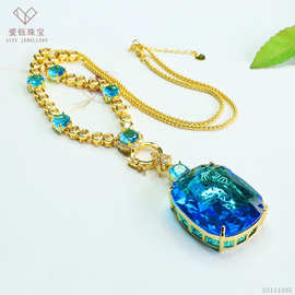 爱钰 欧美首饰蓝色玻璃项链仿蓝宝石可拆卸挂链直播批发S5122605